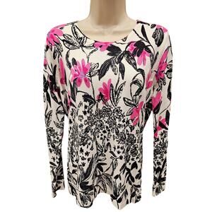 NWT Pink & Black Floral coquette Full Sleeve Crew Neck Knit Top sweater bright S